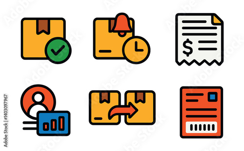Set of six icons: package check, delivery alert, invoice, user graph, package transfer, document.