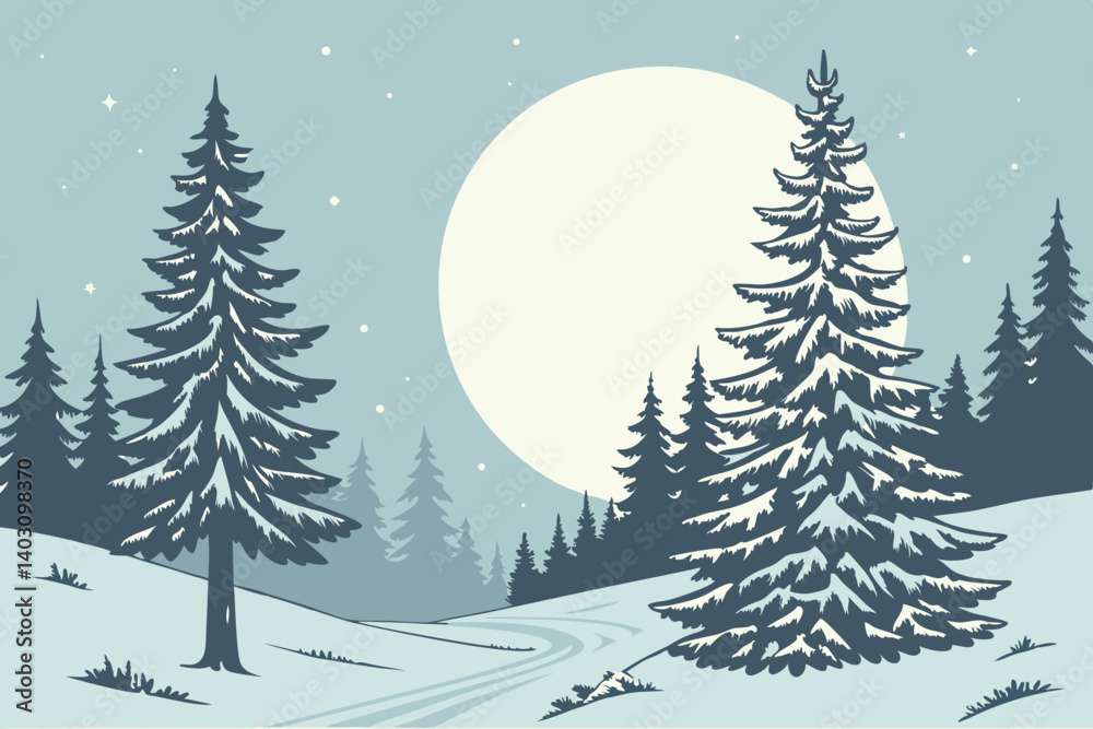Fototapeta premium Snow-covered fir trees under a glowing full moon create a serene winter night scene—perfect for seasonal designs and holiday visuals.​ 
