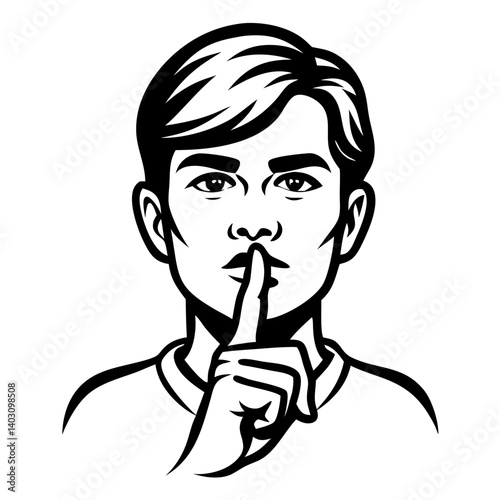 Silence Gesture Young Man Making Shushing Sign for Peace and Quiet Emphasizing Calm
