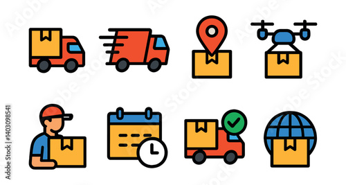 Set of delivery icons: truck, fast truck, location, drone, courier, calendar, truck, globe.