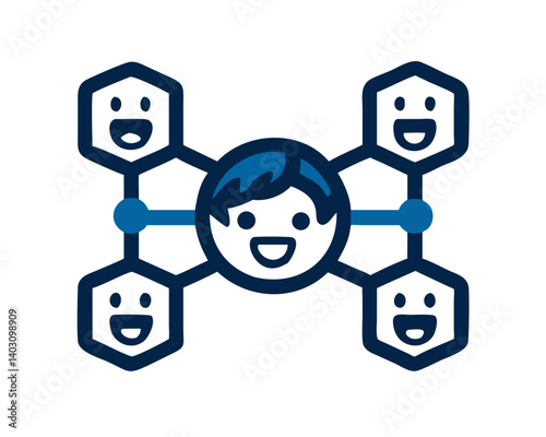 Child-like character smiling in a blockchain network illustration  