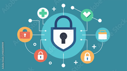 Personal Health Data Management An illustration featuring a digital lock symbol with various health metrics displayed around it representing data security and patient privacy