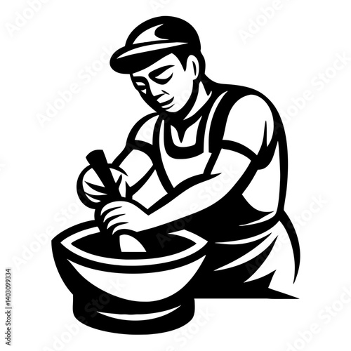 Traditional Cook Preparing Ingredients in a Mortar with Pestle for Authentic Cuisine