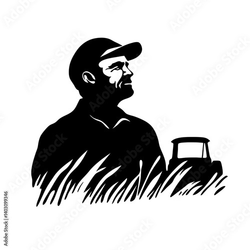 Farm Worker Silhouette Against Grass with Vintage Tractor Ideal for Logo Design and Illustrations