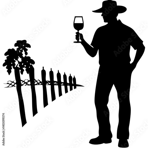 Silhouette of a Vineyard Worker Holding a Wine Glass Standing Next to Grape Vines and Fencing