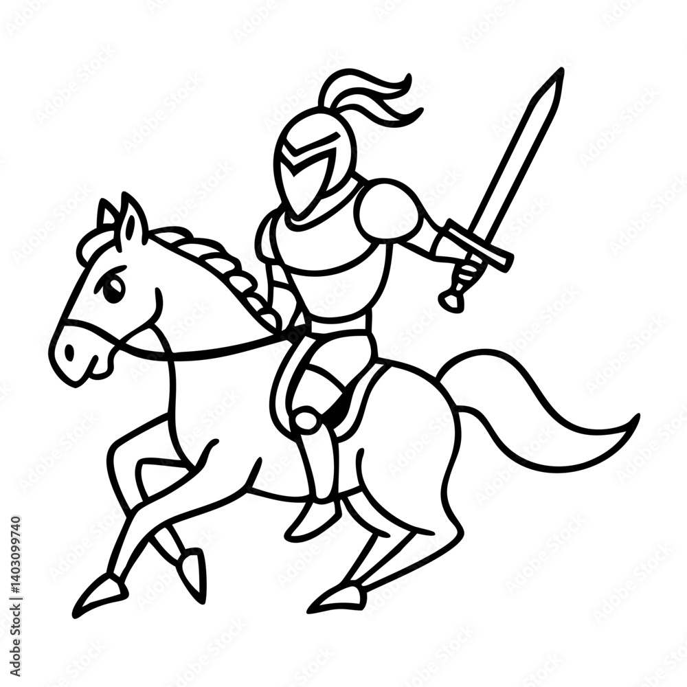 Fototapeta premium Knight on Horseback with Sword Vector Design for Coloring Book or Tattoo Art