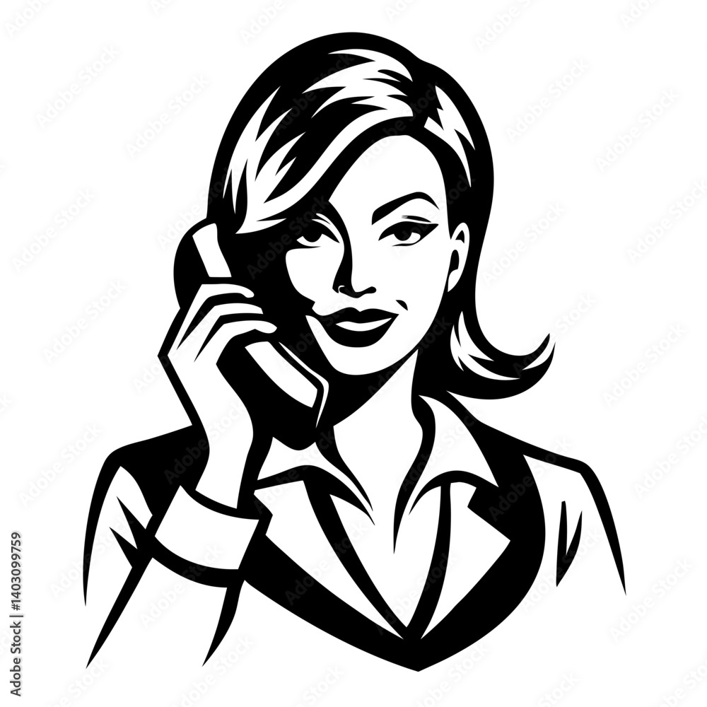 Professional Business Woman Smiling on Phone for Communication and Marketing Graphics Professional Business Woman Smiling on Phone for Communication and Marketing Graphics