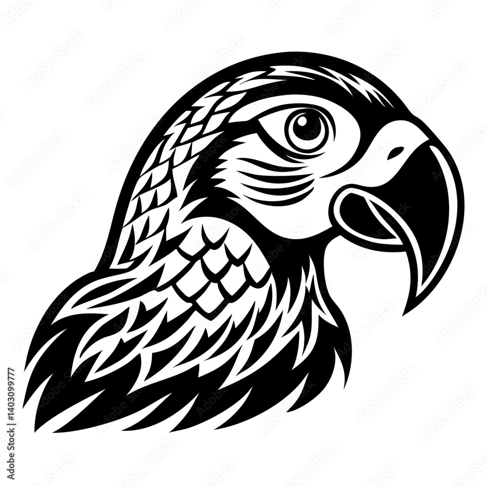 Fototapeta premium Intricate Black Parrot Head Illustration with Detailed Feather Design for Tattoo Ideas and Art Projects