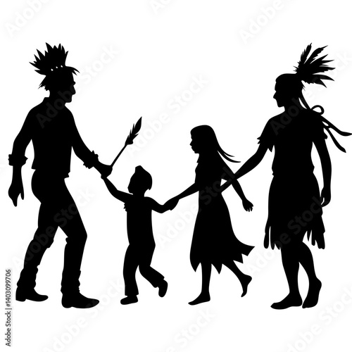 Silhouette Illustration of Indigenous Family Holding Hands Representing Unity and Heritage