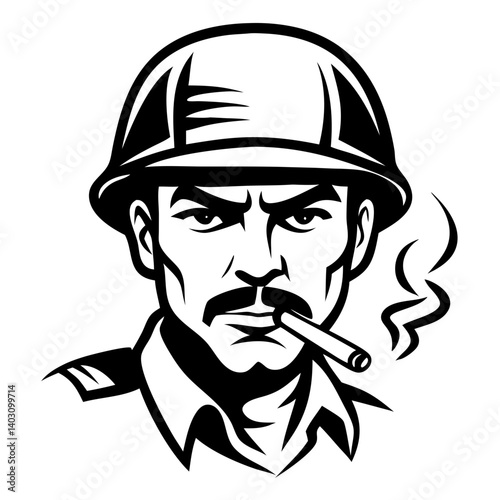 Vintage Soldier Portrait with Helmet and Cigarette for Tattoo and Illustration Design
