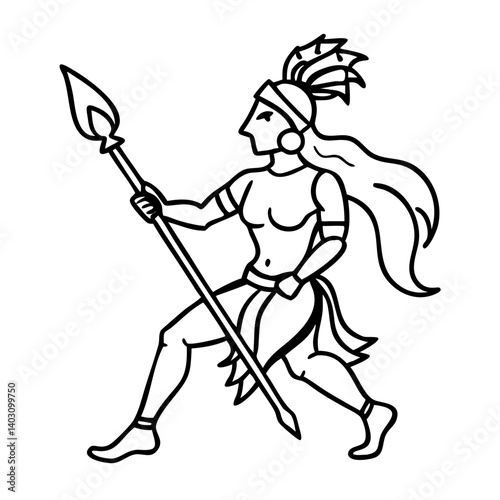 Fierce Female Warrior Illustration with Spear Ready for Action Vintage Design