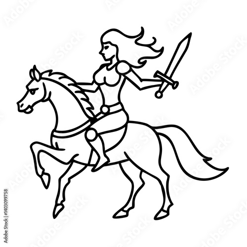 Dynamic Warrior Woman Riding Horse with Sword for Tattoo Design and Coloring Pages