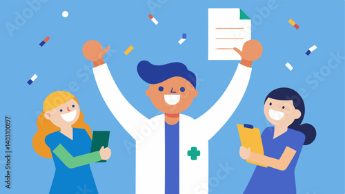 Treatment Success A joyous patient holding a certificate of successful gene therapy surrounded by healthcare staff celebrating in the background.