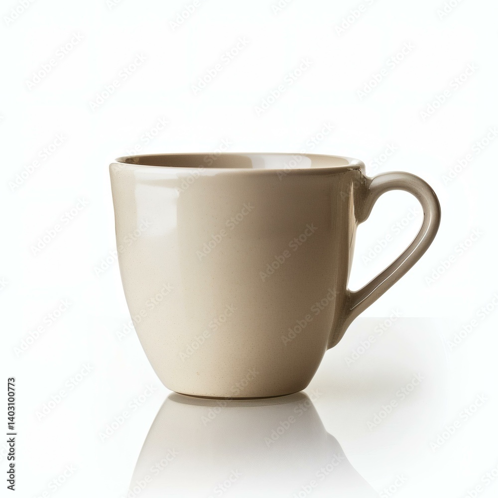 Elegant light beige ceramic mug with subtle matte finish standing on a reflective white surface in simple clean studio lighting Elegant light beige ceramic mug with subtle matte finish standing on a reflective white surface in simple clean studio lighting