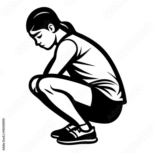 Melancholic Young Girl Squatting in Sportswear Reflecting Contemplation and Thoughtfulness