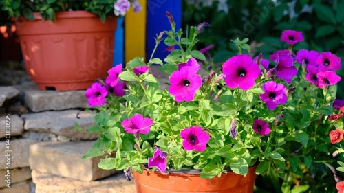Wallpaper Mural Bright magenta petunias blooming in a garden pot near rustic stone steps. Cheerful floral arrangement bringing vibrant color and charm to a cozy outdoor setting. Torontodigital.ca