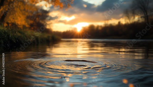 Ripples on a river at sunset, reflecting golden light.