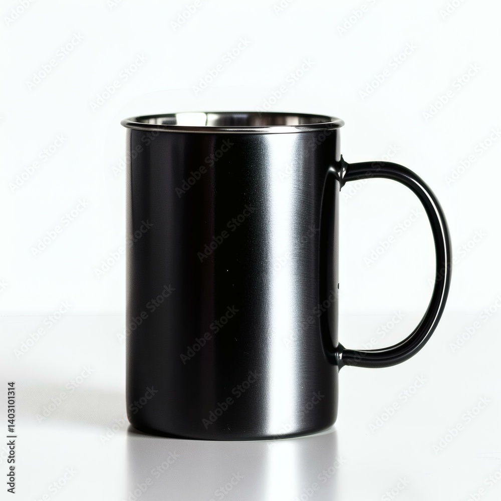Sleek stainless steel coffee mug with matte black finish, clean modern design, on a white surface, with soft shadows Sleek stainless steel coffee mug with matte black finish, clean modern design, on a white surface, with soft shadows