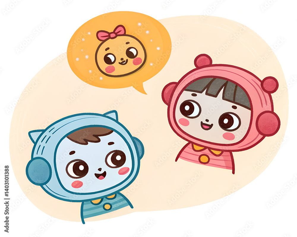 Children chatting happily with a cute character in a playful background Children chatting happily with a cute character in a playful background