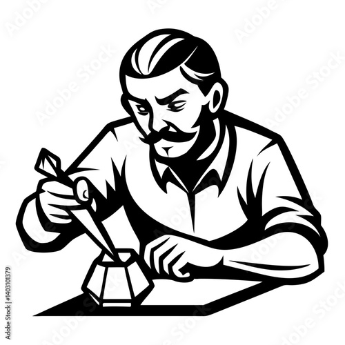 Focused Artisan Writing with Quill and Inkpot Vintage Style Illustration
