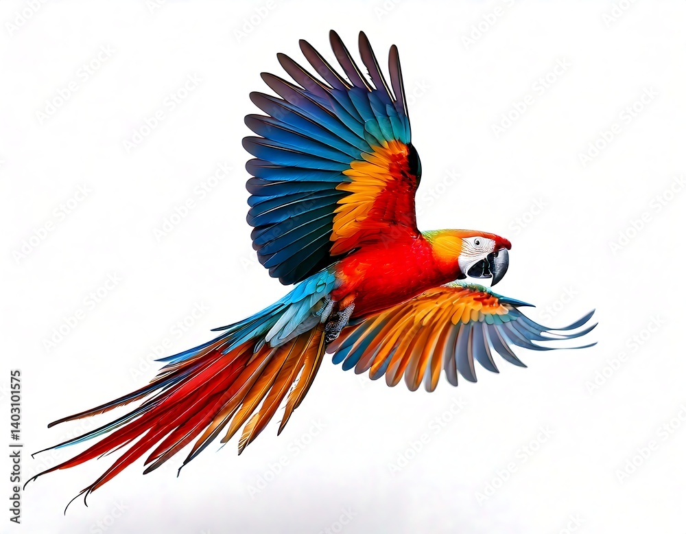 Fototapeta premium A colorful parrot flying, realistic style, white background 