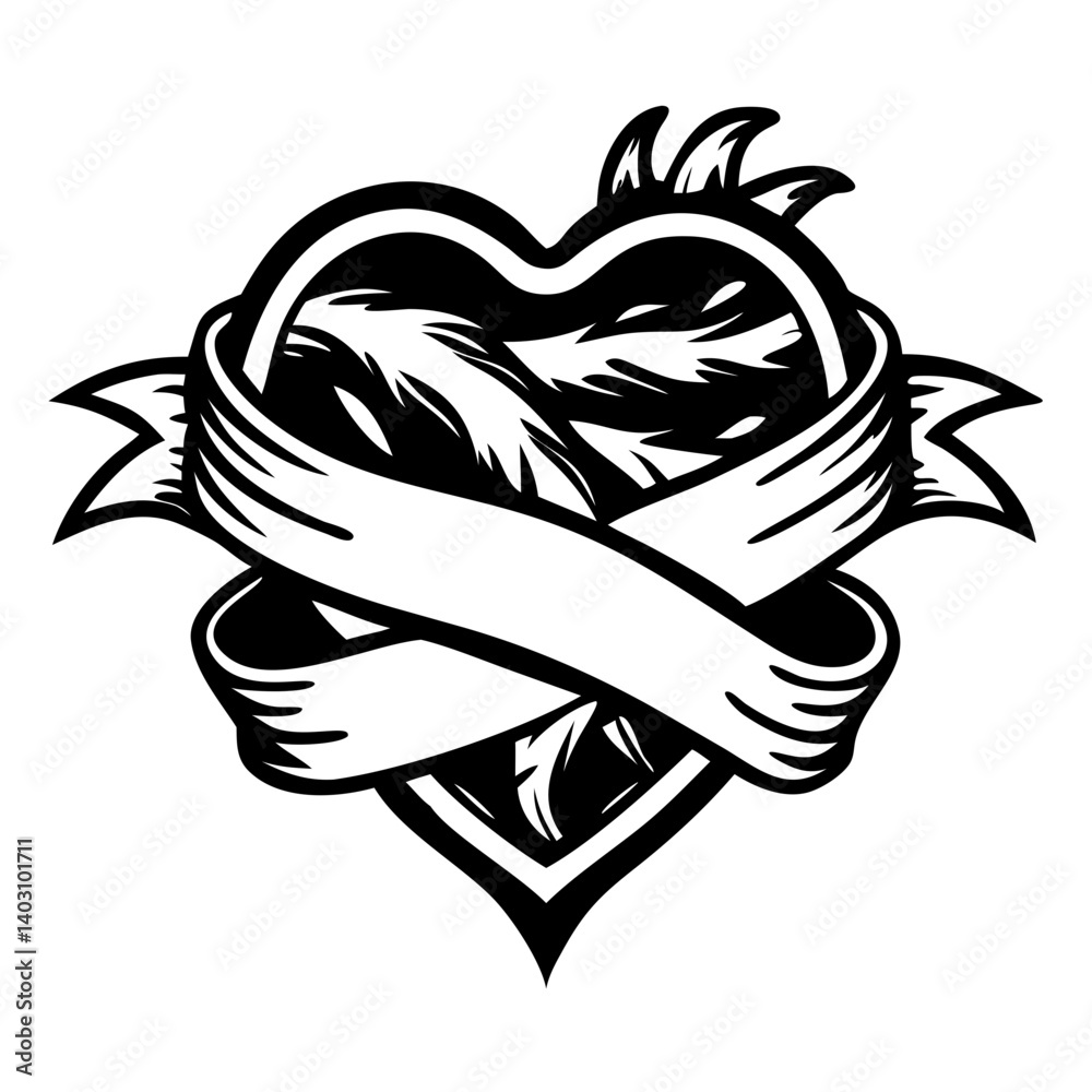 Heart and Ribbon Outline Tattoo Design Featuring Intricate Floral Elements