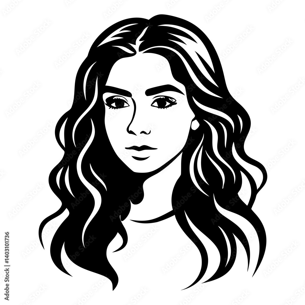 Elegant Black and White Portrait of a Young Woman with Long Wavy Hair for Fashion Design Elegant Black and White Portrait of a Young Woman with Long Wavy Hair for Fashion Design