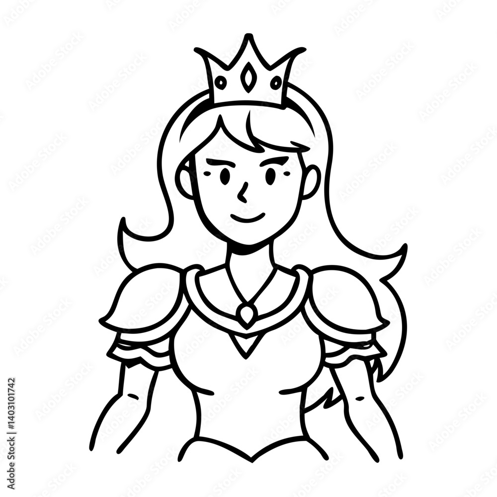 Elegant Princess Character with Crown and Armor for Coloring Book or Kids Crafts Elegant Princess Character with Crown and Armor for Coloring Book or Kids Crafts