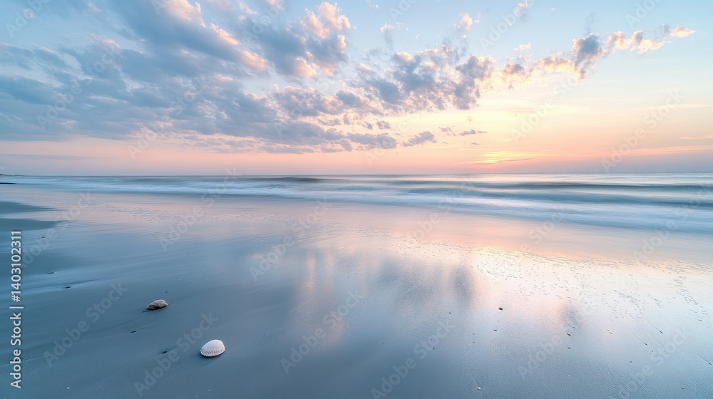 Obraz premium Beach at sunset with gentle waves and scattered seashells