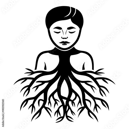 Meditative Figure with Rooted Tree Branches Symbolizing Inner Growth and Connection