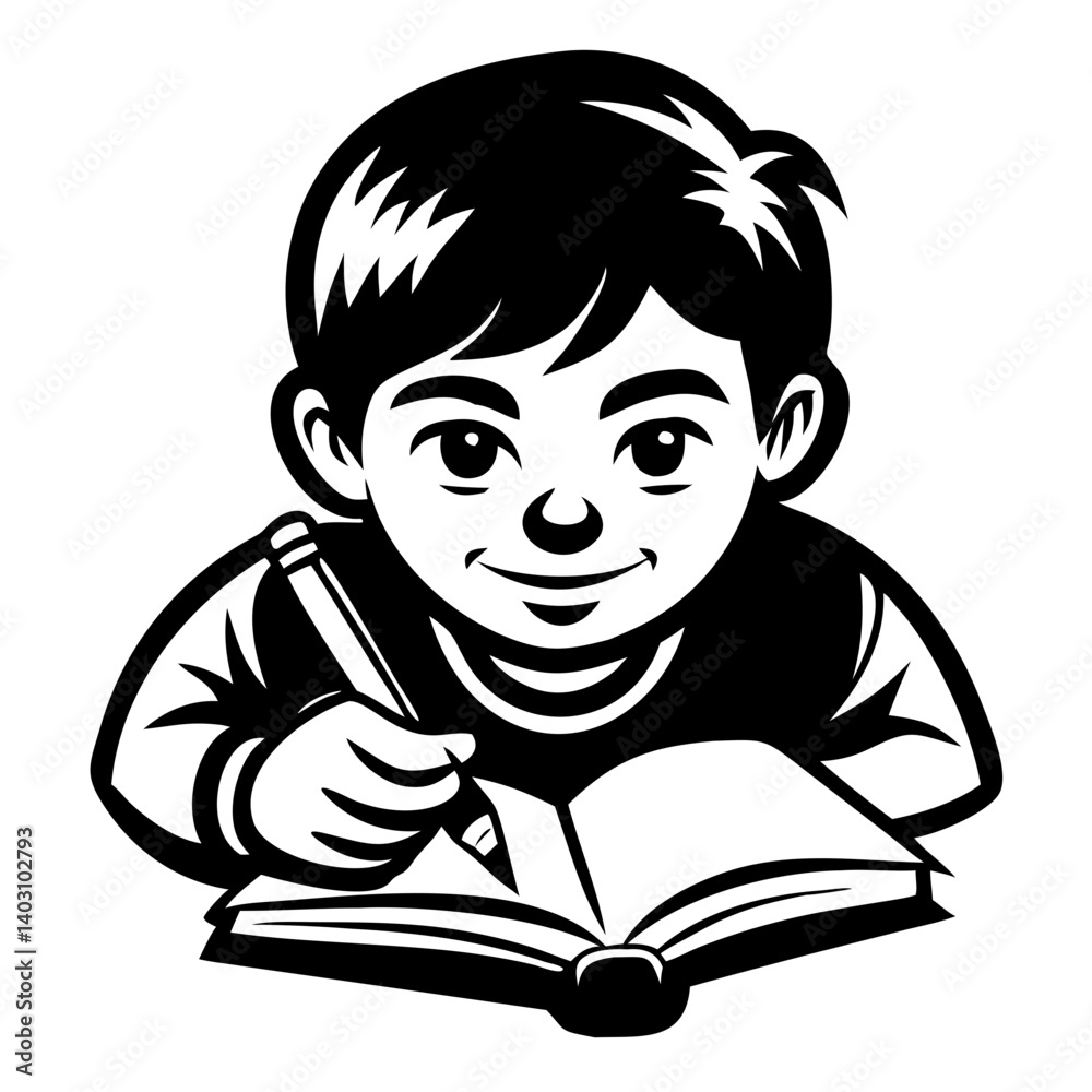Happy Boy Writing in Open Book with Pencil Vector Design for Educational Themes