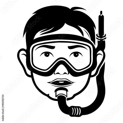 Diving Mask Wearing Child Face Cartoon Character for Fun Aquatic Illustrations