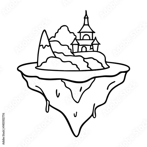 Floating Island with Castle and Mountains for Fantasy Artwork and Coloring Book Designs