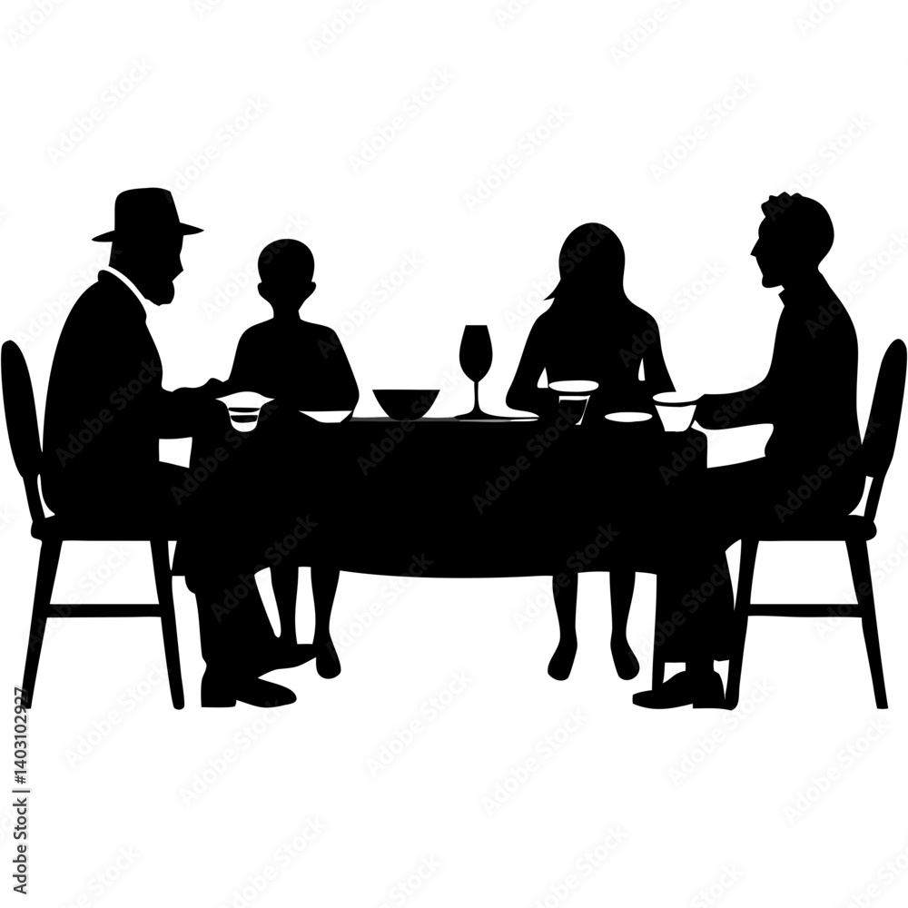 Family Dining Silhouette Scene at Table with Four People Sharing Meal and Drinks Family Dining Silhouette Scene at Table with Four People Sharing Meal and Drinks