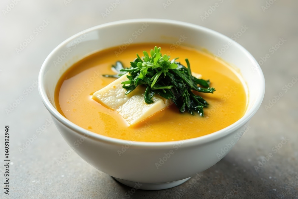 Creamy miso soup, tofu, seaweed in a pristine white bowl , ingredients, japanese culture Creamy miso soup, tofu, seaweed in a pristine white bowl , ingredients, japanese culture