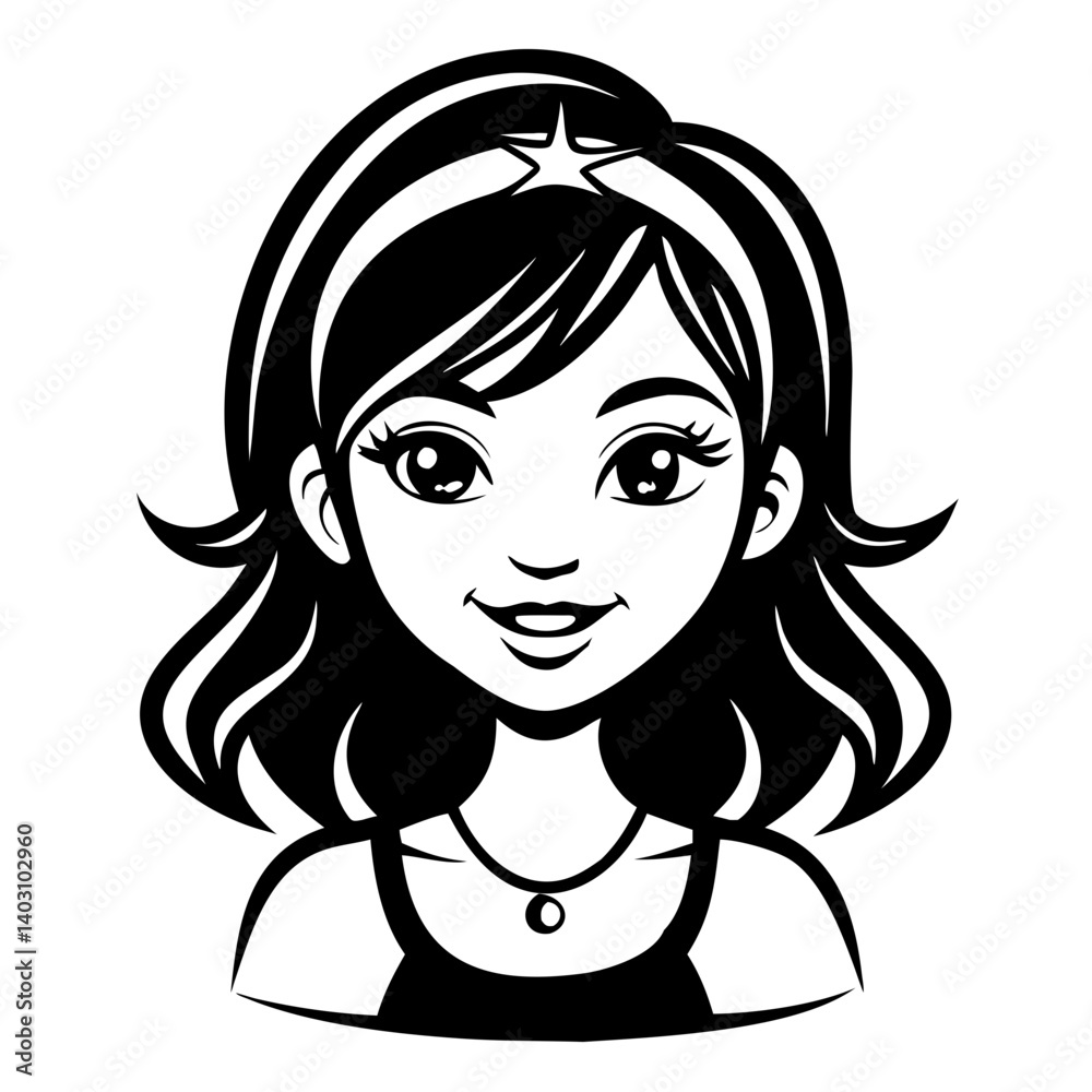 Charming Cartoon Girl Illustration with Playful Hair and Necklace for Creative Projects Charming Cartoon Girl Illustration with Playful Hair and Necklace for Creative Projects