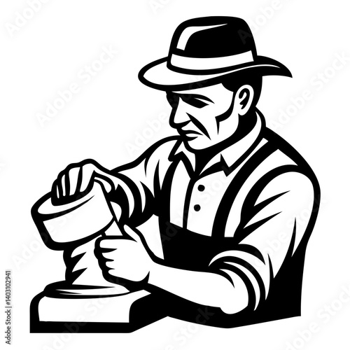 Craftsman Shaping Clay on Pottery Wheel Black and White Vector Design for Art Projects