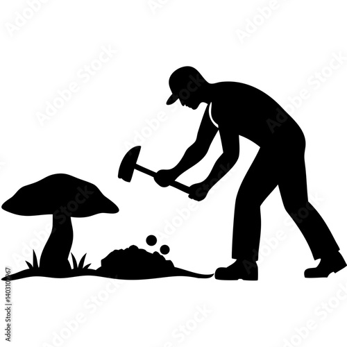 Gardener Digging Soil with Shovel Next to Mushrooms Artistic Vector Illustration