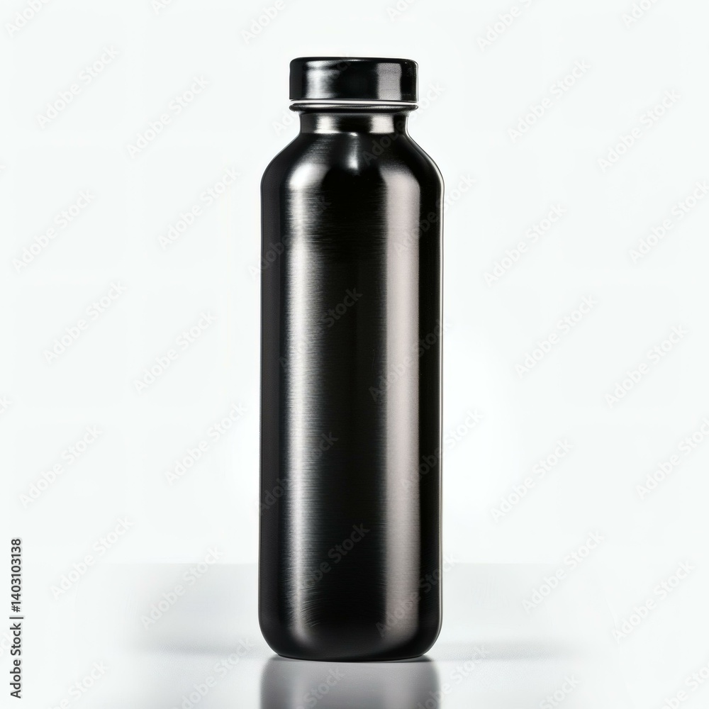 Sleek black stainless steel flask standing vertically against white background Sleek black stainless steel flask standing vertically against white background
