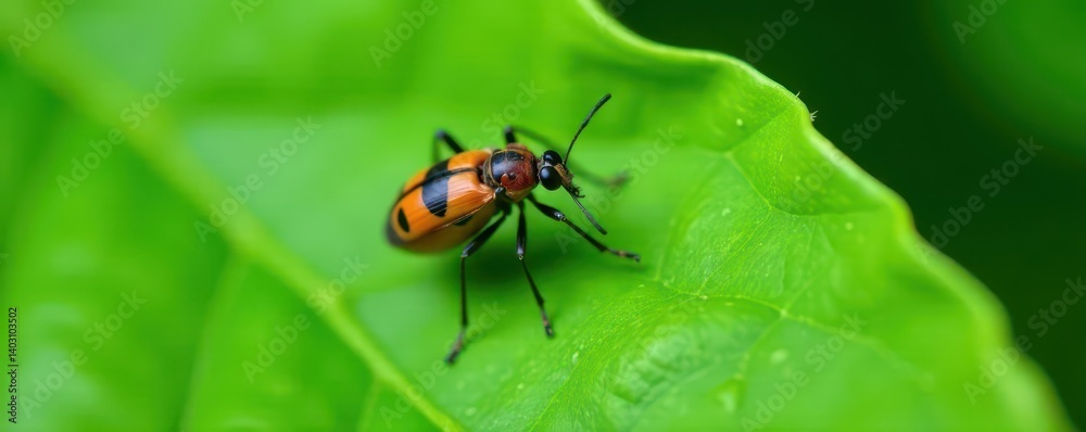 Fototapeta premium Brown and black insect rests on vibrant green leaf , image, macro