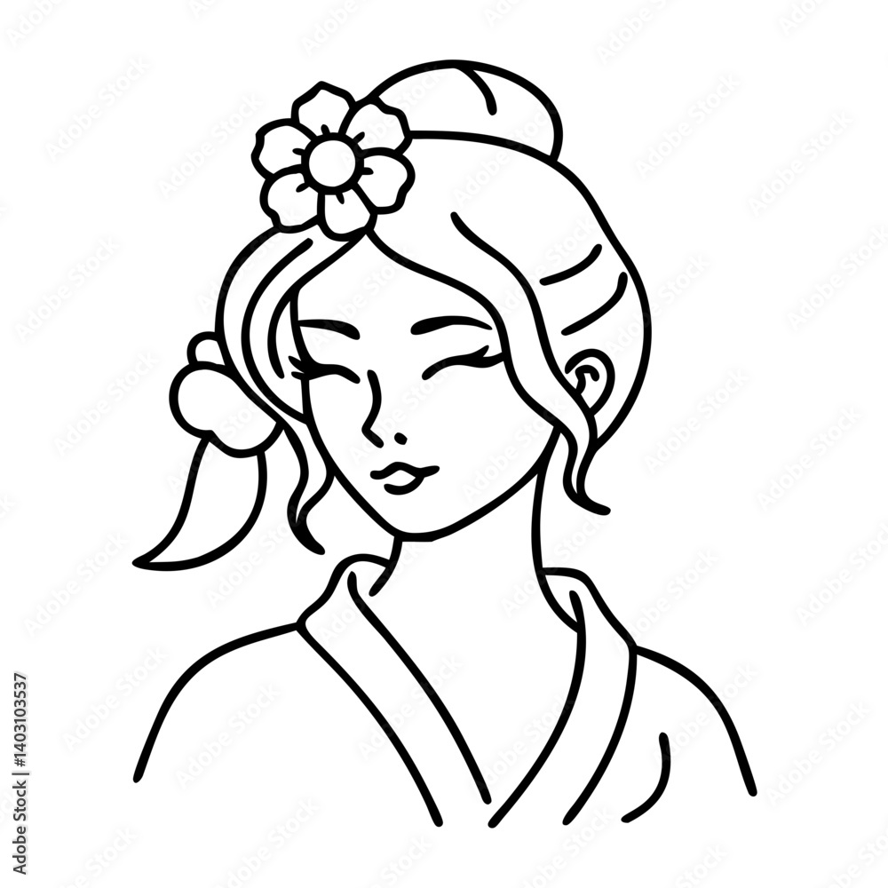 Elegant Asian Woman with Flower Hair Accessory and Traditional Attire for Coloring and Tattoo Designs Elegant Asian Woman with Flower Hair Accessory and Traditional Attire for Coloring and Tattoo Designs