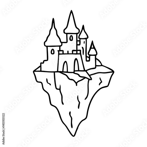 Enchanted Floating Castle on a Mountain Peak Illustration for Fantasy Art and Coloring Pages