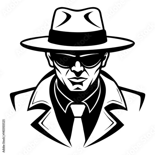 Stylish Detective in Sunglasses Wearing Fedora and Trench Coat Vector Illustration