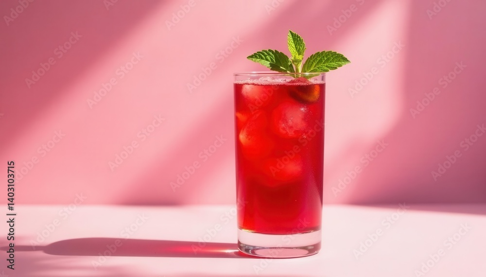 Crimson cocktail, tall glass, mint sprig, soft pink backdrop, sunlit shadows, tall glass, alcohol Crimson cocktail, tall glass, mint sprig, soft pink backdrop, sunlit shadows, tall glass, alcohol