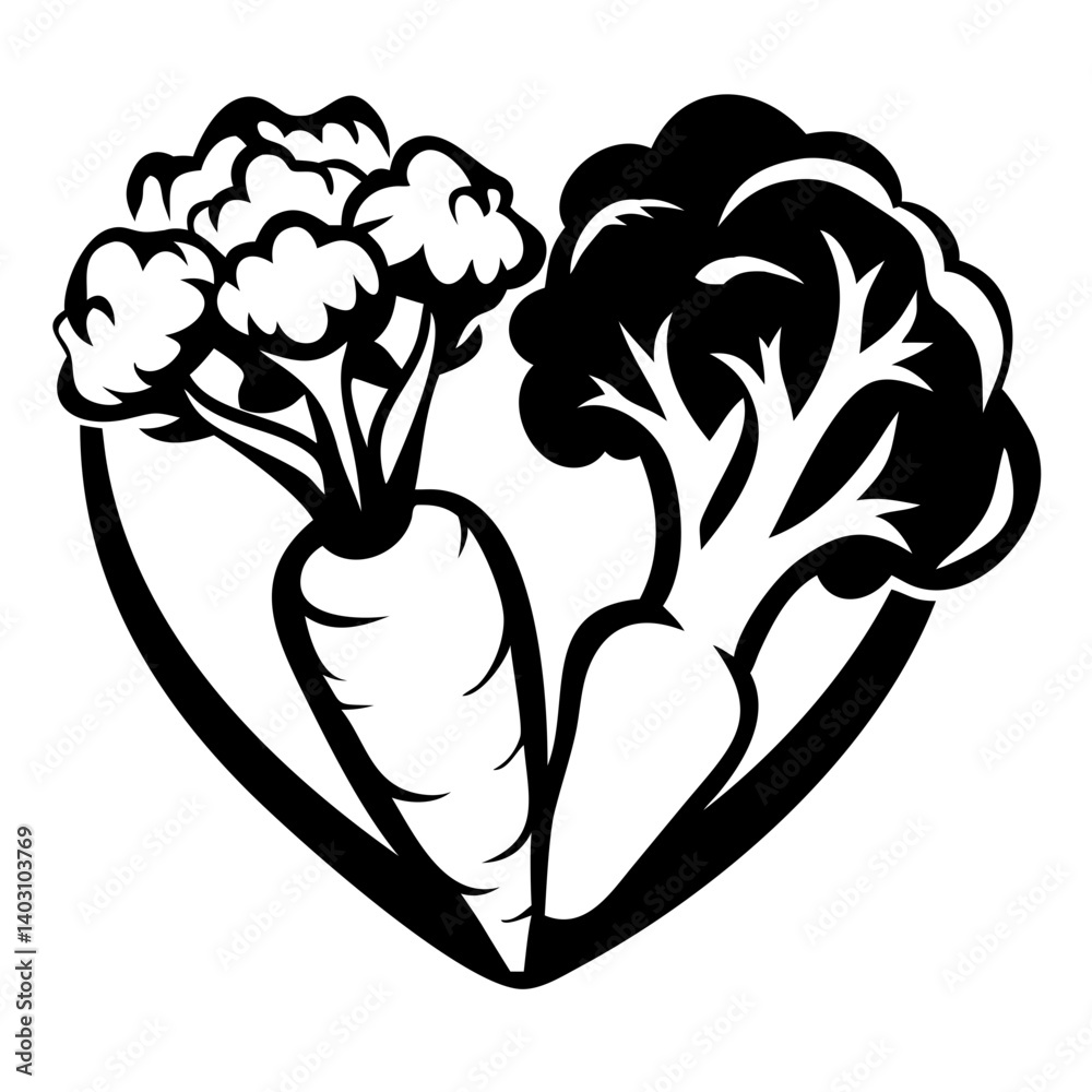 Fototapeta premium Heart Shape Broccoli and Carrot Vegetables Design for Healthy Living and Plant-Based Diets