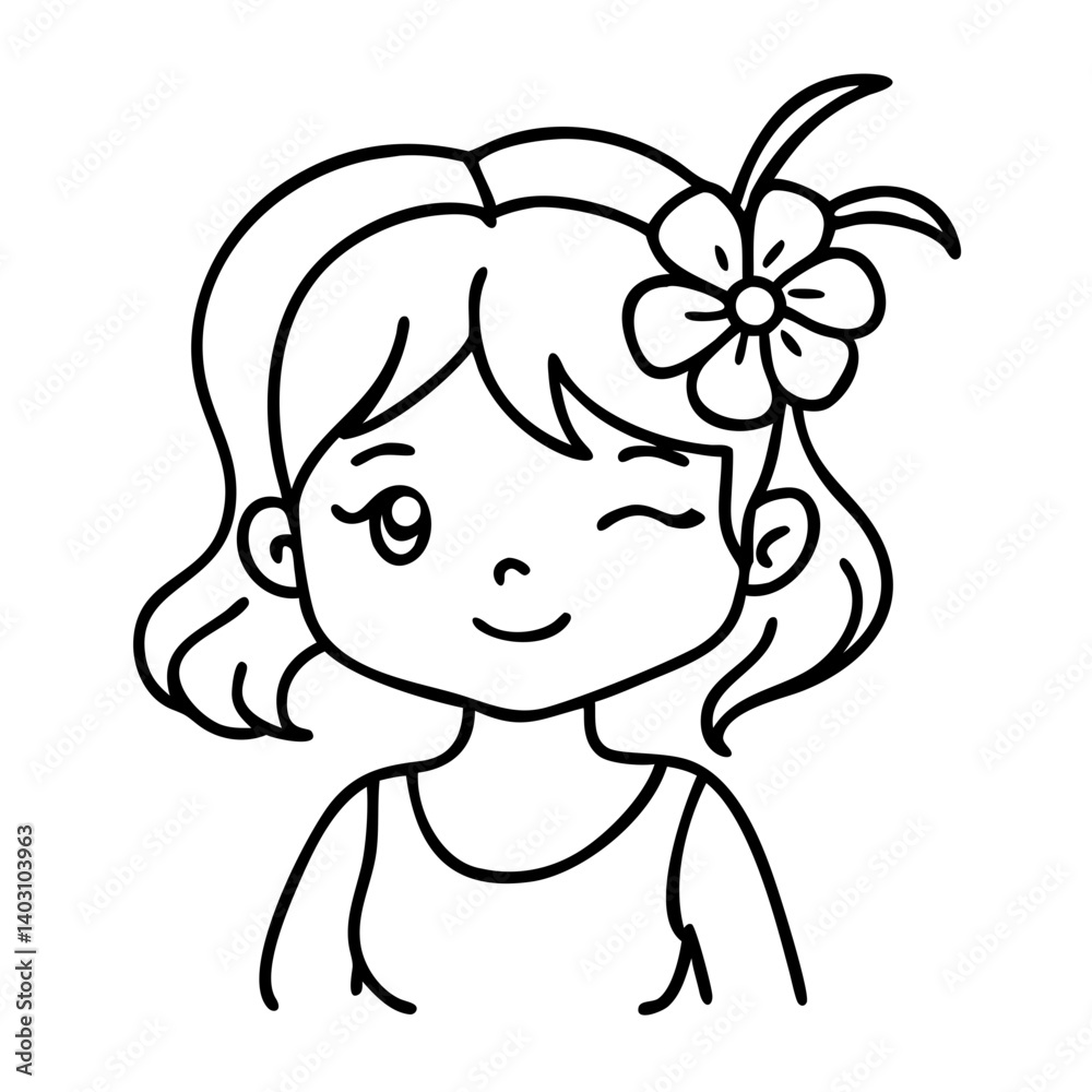 Obraz premium Cute Smiling Girl with Flower in Hair Vector Illustration for Coloring Book and Crafts