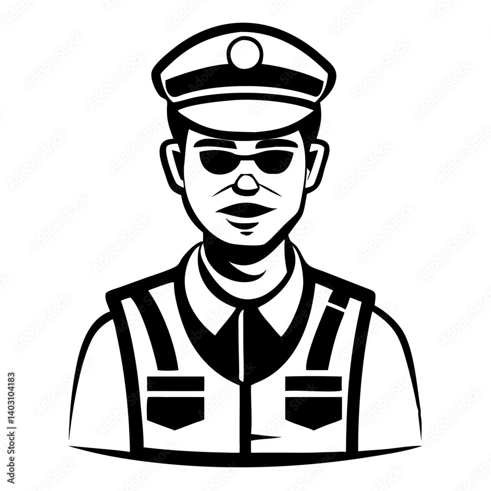 Stylized Vector Illustration of a Confident Male Police Officer in Sunglasses and Uniform Stylized Vector Illustration of a Confident Male Police Officer in Sunglasses and Uniform