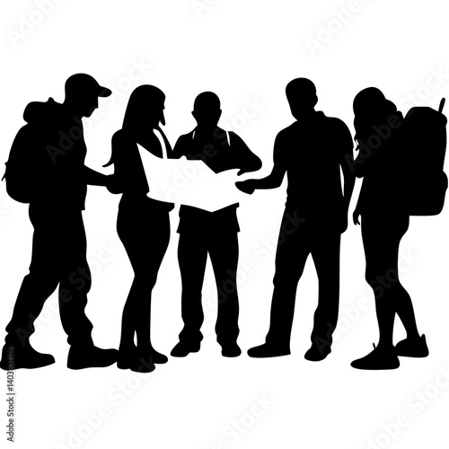 Group of Travelers Looking at Map Silhouette Illustration for Adventure Planning