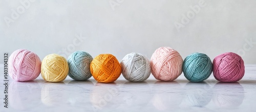 Pastel yarn balls in a row on a marble surface