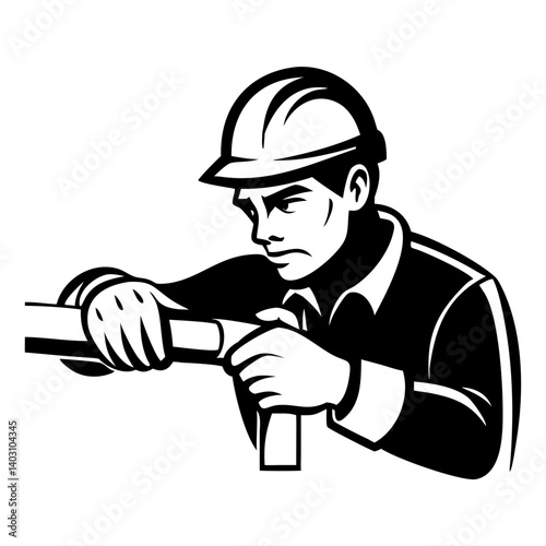 Skilled Worker Man Performance with Pipe Tool in Helmet Safety Gear Vector Illustration